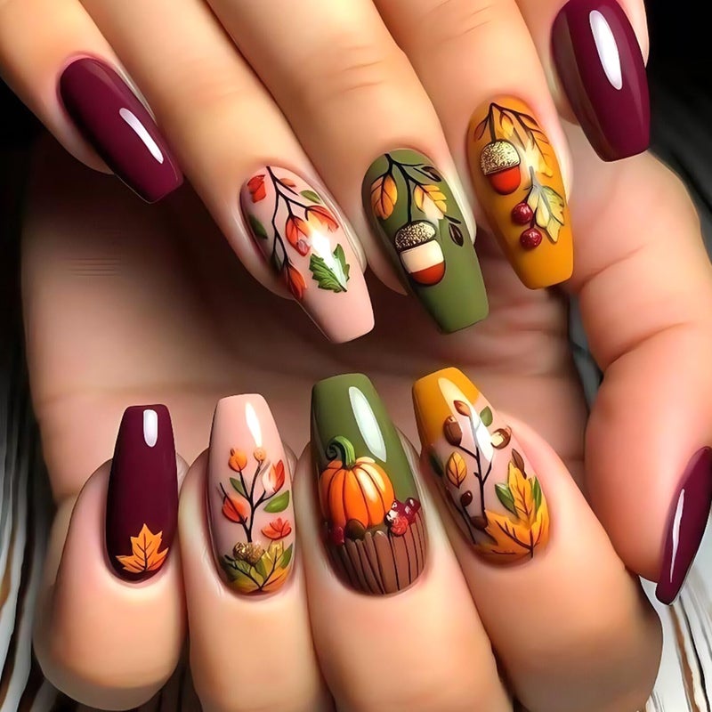 CJDLTS Thanksgiving Press on Nails Medium Ballet Shaped Fall Maple Leaf Pumpkin Pattern Acrylic False Nail Full Cover Glossy Autumn Stick on Nail Festival Artificial Fingernails Glue on Nails for Women 24Pcs - Image 1